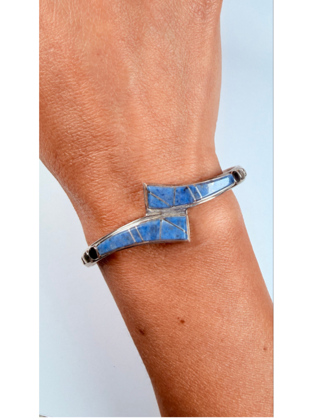 Southwestern Zuni Turquoise Inlay Bypass Sterling Silver Cuff VTG Bracelet